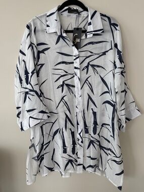 NWT Goa White & Navy Bamboo Print Blouse XL Lightweight Sheer Top